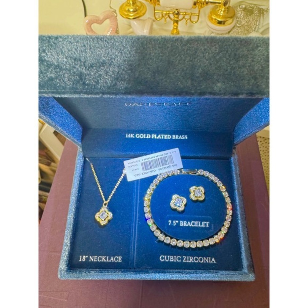 3pc Designer Inspired Clover Lucky Charm CZ Necklace Bracelet‎ Earring Set